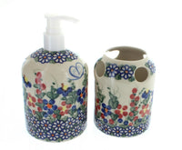 Polish Pottery Garden Butterfly Soap Dispenser & Toothbrush Holder