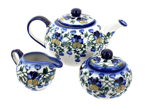 Polish Pottery Pansies 3 Piece Tea Set