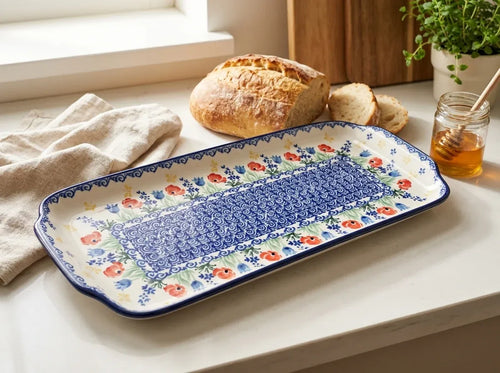 memory garden polish pottery bread tray with honey and bread by a sunny window
