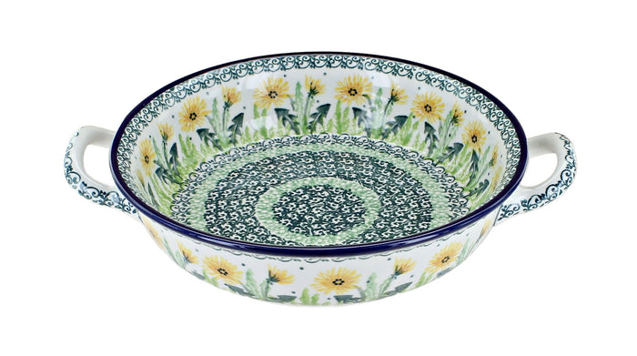 Polish Pottery Dandelion Small Round Casserole with Handles