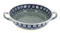 Polish Pottery Peacock Swirl Small Round Casserole with Handles