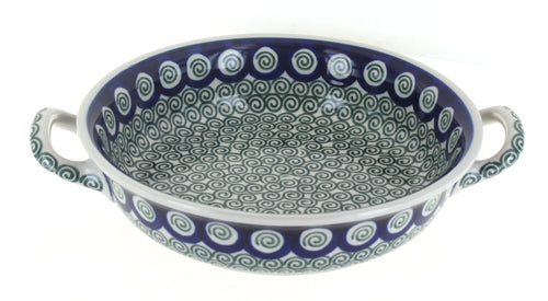 Polish Pottery Peacock Swirl Small Round Casserole with Handles
