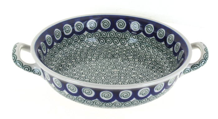 Polish Pottery Peacock Swirl Small Round Casserole with Handles