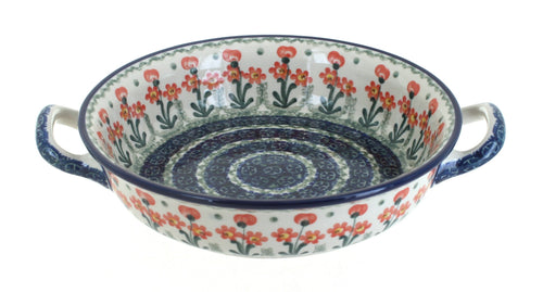 Polish Pottery Peach Posy Small Round Casserole with Handles