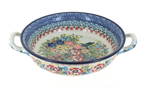 Polish Pottery Hummingbird Small Round Casserole with Handles