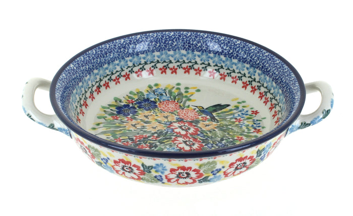 Polish Pottery Hummingbird Small Round Casserole with Handles