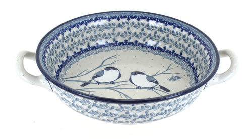 Polish Pottery Bluebird Small Round Casserole with Handles