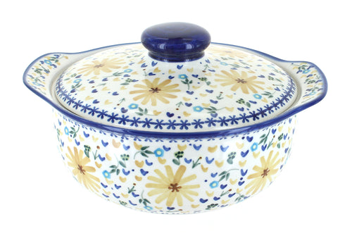 Polish Pottery Yellow Daisy Round Covered Baker