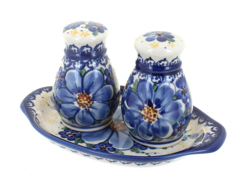Polish Pottery Daisy Surprise Salt & Pepper Shakers with Tray