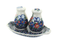 Polish Pottery Garden Butterfly Salt & Pepper Shakers with Tray
