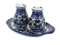 Polish Pottery Spring Blossom Salt & Pepper Shakers with Tray