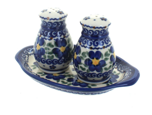 Polish Pottery Spring Blossom Salt & Pepper Shakers with Tray