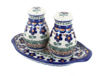 Polish Pottery Aztec Flower Salt & Pepper Shakers with Tray