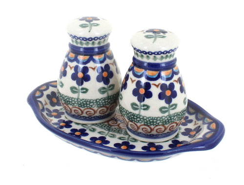 Polish Pottery Aztec Flower Salt & Pepper Shakers with Tray