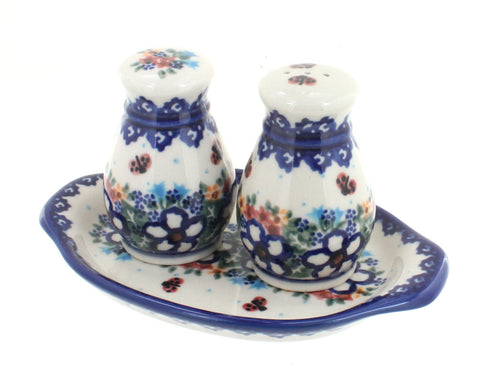 Polish Pottery Scarlett Salt & Pepper Shakers with Tray