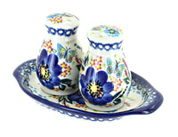 Polish Pottery Garden Of Blue Salt & Pepper Shakers with Tray
