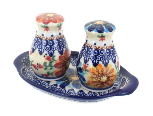 Polish Pottery Autumn Burst Salt & Pepper Shakers with Tray