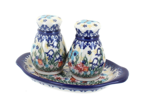 Polish Pottery Garden of Eden Salt & Pepper Shakers with Tray