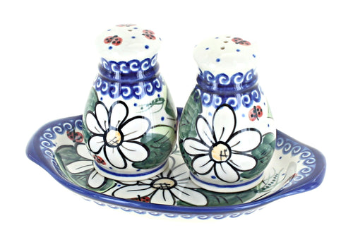 Polish Pottery Ladybug Salt & Pepper Shakers with Tray