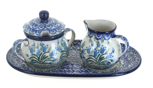 Polish Pottery Tulip Bouquet Small Cream & Sugar Set with Tray