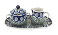 Polish Pottery Peacock Swirl Small Cream & Sugar Set with Tray
