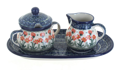 Polish Pottery Peach Posy Cream & Sugar Set with Tray