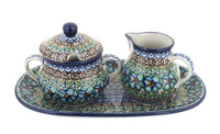 Polish Pottery Mardi Gras Small Cream & Sugar Set with Tray