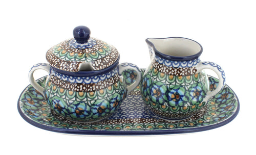 Polish Pottery Mardi Gras Small Cream & Sugar Set with Tray