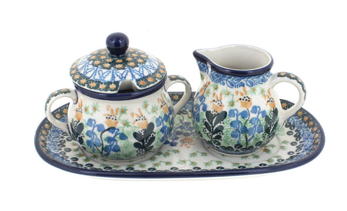 Polish Pottery Lily of the Valley Small Cream & Sugar Set with Tray