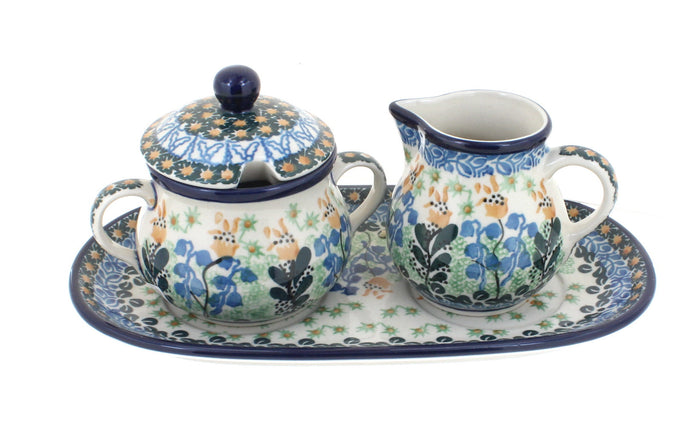 Polish Pottery Lily of the Valley Small Cream & Sugar Set with Tray