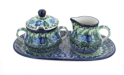 Polish Pottery Sapphire Fields Cream & Sugar Set with Tray