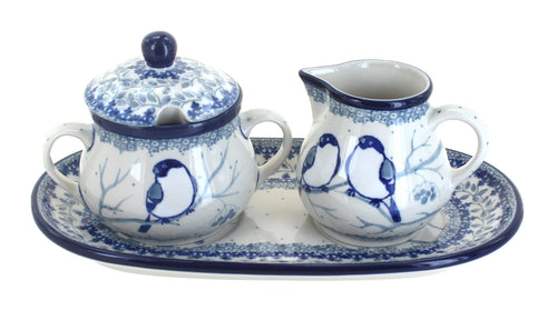 Polish Pottery Bluebird Small Cream & Sugar Set With Tray