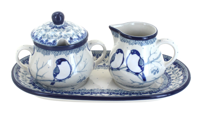 Polish Pottery Bluebird Small Cream & Sugar Set With Tray