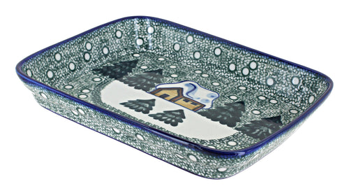 Polish Pottery Winter Forest Medium Rectangular Baker - Green
