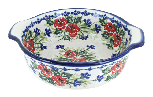 Polish Pottery Cherry Red Bouquet Round Baker