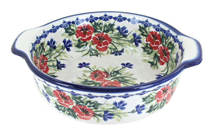 Polish Pottery Cherry Red Bouquet Round Baker