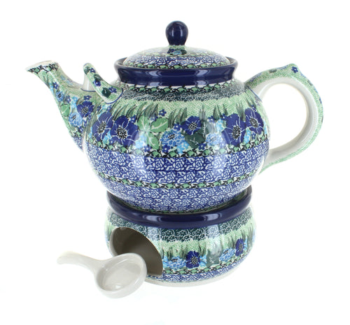 Polish Pottery Sapphire Fields Large Teapot & Warmer