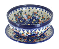 Polish Pottery Blue Dahlia Berry Bowl with Saucer