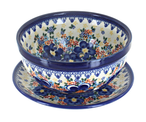 Polish Pottery Blue Dahlia Berry Bowl with Saucer