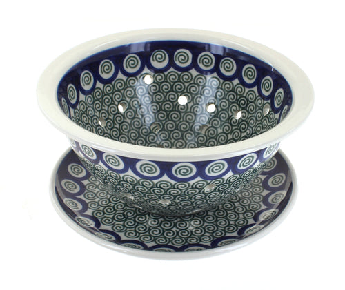 Polish Pottery Peacock Swirl Berry Bowl & Plate