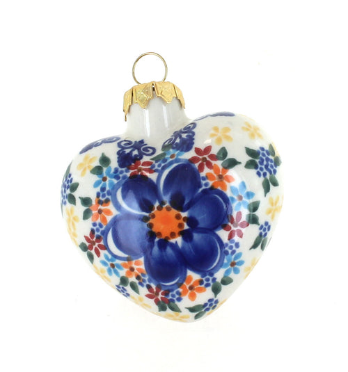 Polish Pottery Blue Dahlia Heart Ornament