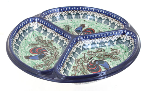 Polish Pottery Rooster Row Three Part Divided Dish