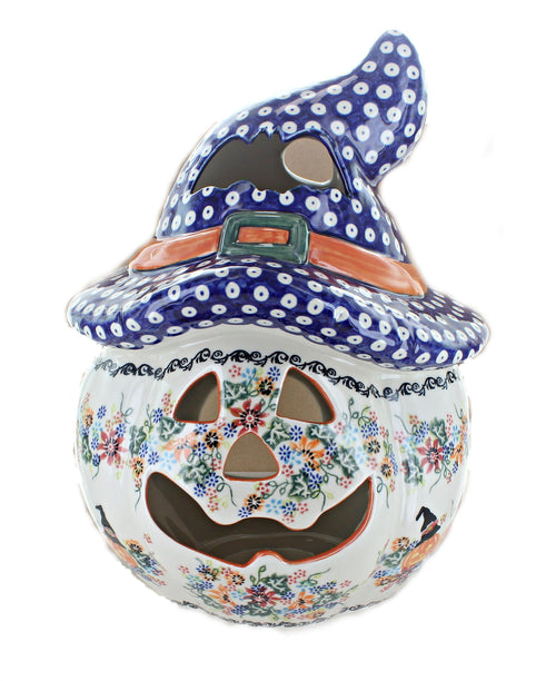 Polish Pottery Frightful Friends Large Scarecrow Pumpkin Luminary
