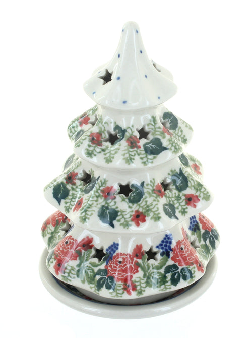 Polish Pottery Winter Floral Small Christmas Tree Luminary