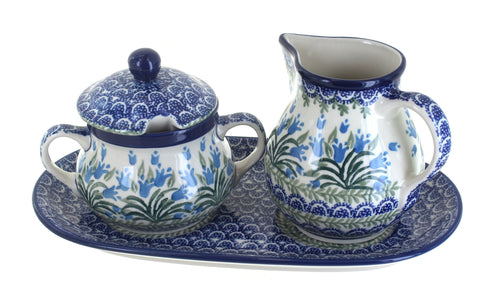 Polish Pottery Tulip Bouquet Large Cream & Sugar Set with Tray