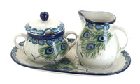 Polish Pottery Peacock Feather Large Cream & Sugar Set with Tray