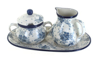 Polish Pottery Blue Fleur Large Cream & Sugar Set with Tray