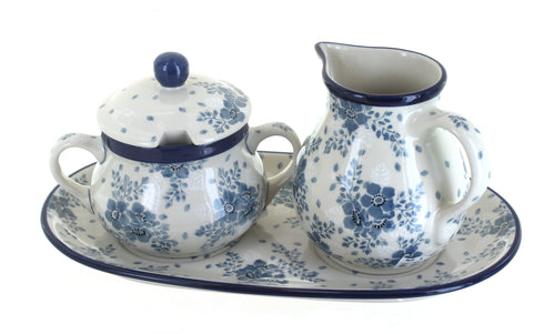 Polish Pottery Blue Fleur Large Cream & Sugar Set with Tray