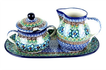 Mardi Gras Large Cream & Sugar Set with Tray Polish Pottery