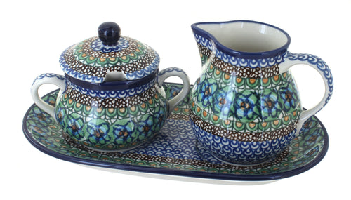 Polish Pottery Mardi Gras Large Cream & Sugar Set with Tray